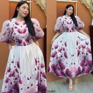 White Maxi Dress with Pink Floral Print and Puff Sleeves